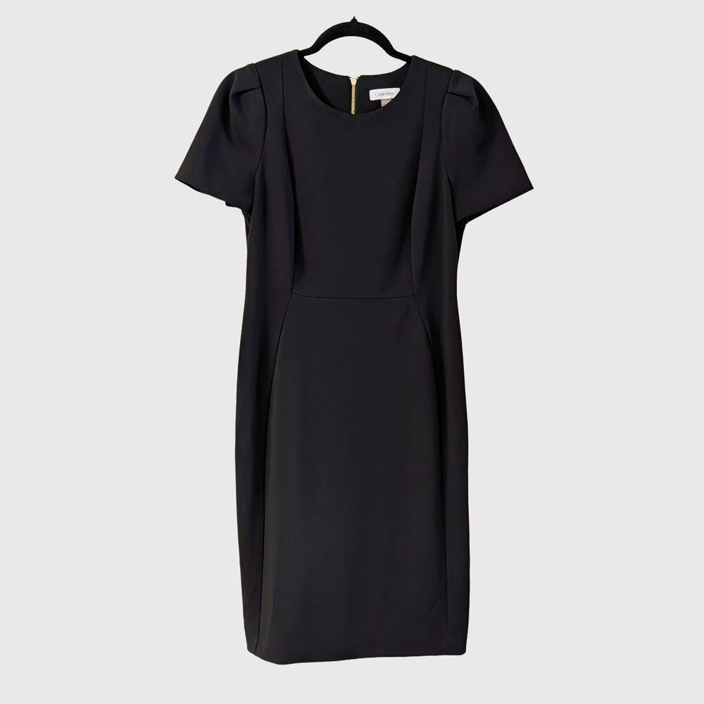 Calvin Klein Black Sheath Midi Dress 10 Gold Zip Career Office Work Minimalist